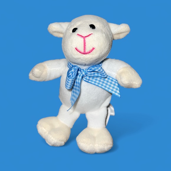 Animal Adventure Sheep Lamb 6" Plush White Blue Check Ribbon Bow - Picture 1 of 4